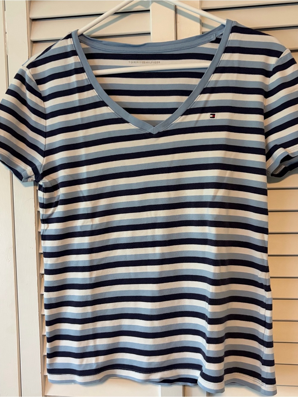Tommy Hilfiger Light Blue, Navy & White Striped V-Neck Tee